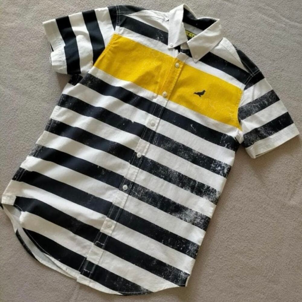 Staple Pigeon Striped Button Down Shirt Navy White Yellow Cotton Short Sleeve L